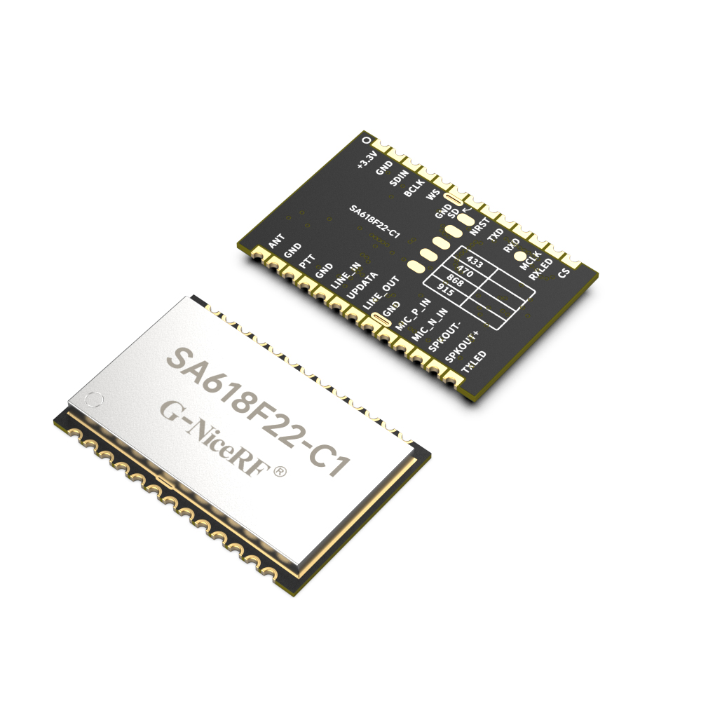 SA618F22-C1是我司一款升級(jí)版的無(wú)線(xiàn)數(shù)字和音頻二合一的全雙工傳輸模塊，具有更短的延時(shí)時(shí)間，同時(shí)支持8人同時(shí)高音質(zhì)通話(huà)。模塊支持多路并發(fā)并收功能，支持多級(jí)的中繼遠(yuǎn)傳、空中升級(jí)或者串口升級(jí)。模塊采用了寬帶擴(kuò)頻技術(shù)，具有功耗低、距離遠(yuǎn)、頻率調(diào)節(jié)靈活等特點(diǎn)。