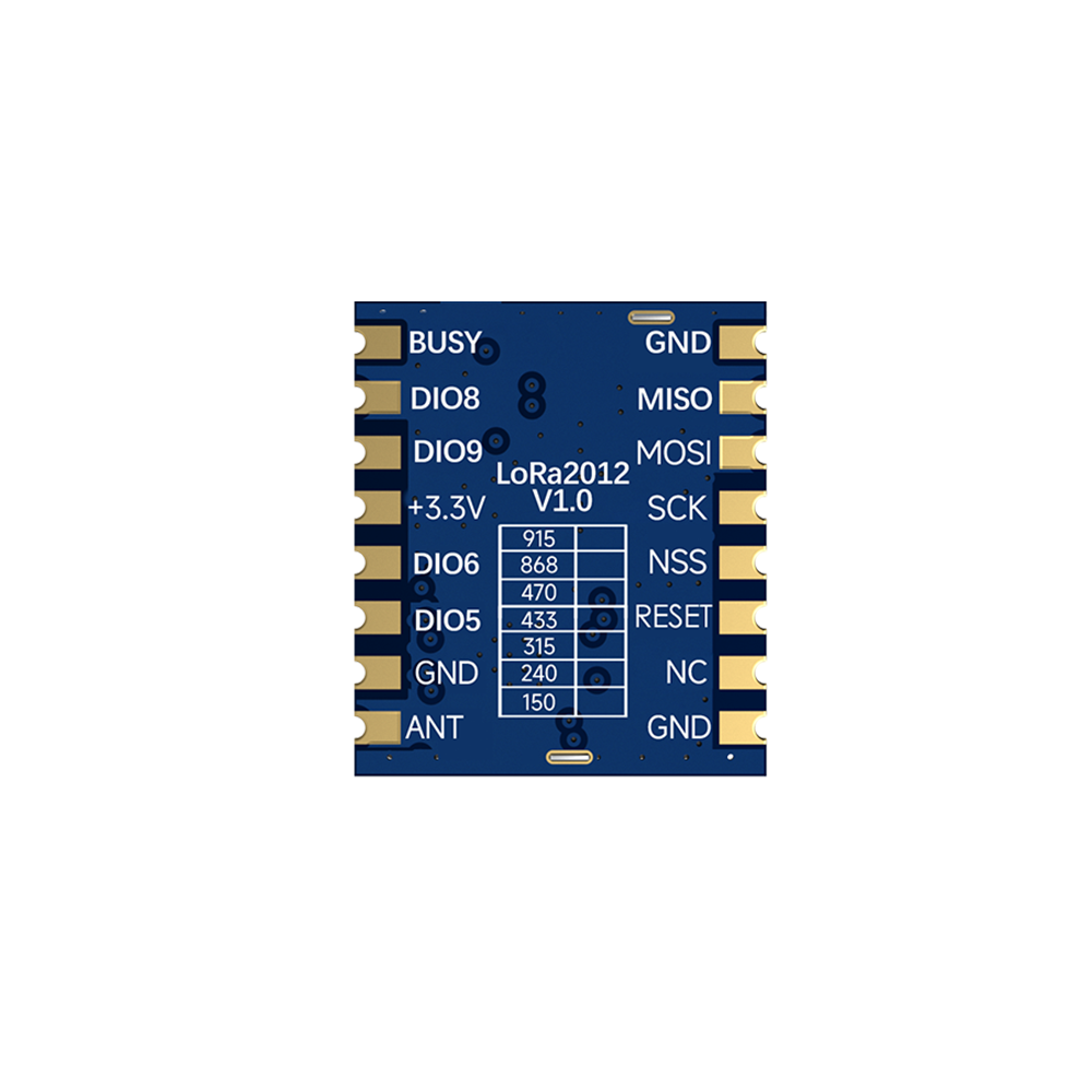 LoRa2012 LoRa無(wú)線通信模塊背面，展示MISO、MOSI、SCK、NSS、ANT等引腳標(biāo)識(shí)